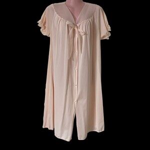 Vintage Rogers Women's Robe Dressing Gown L Pink Nylon w Chiffon Trim Buttons